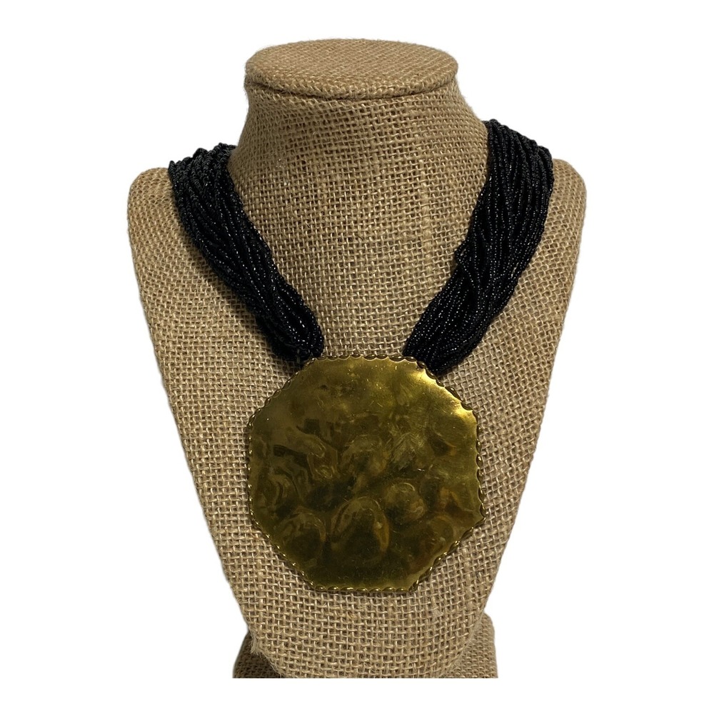 Womens Black Multi Strand Seed Beaded Hammered Brass Pendant Statement Necklace